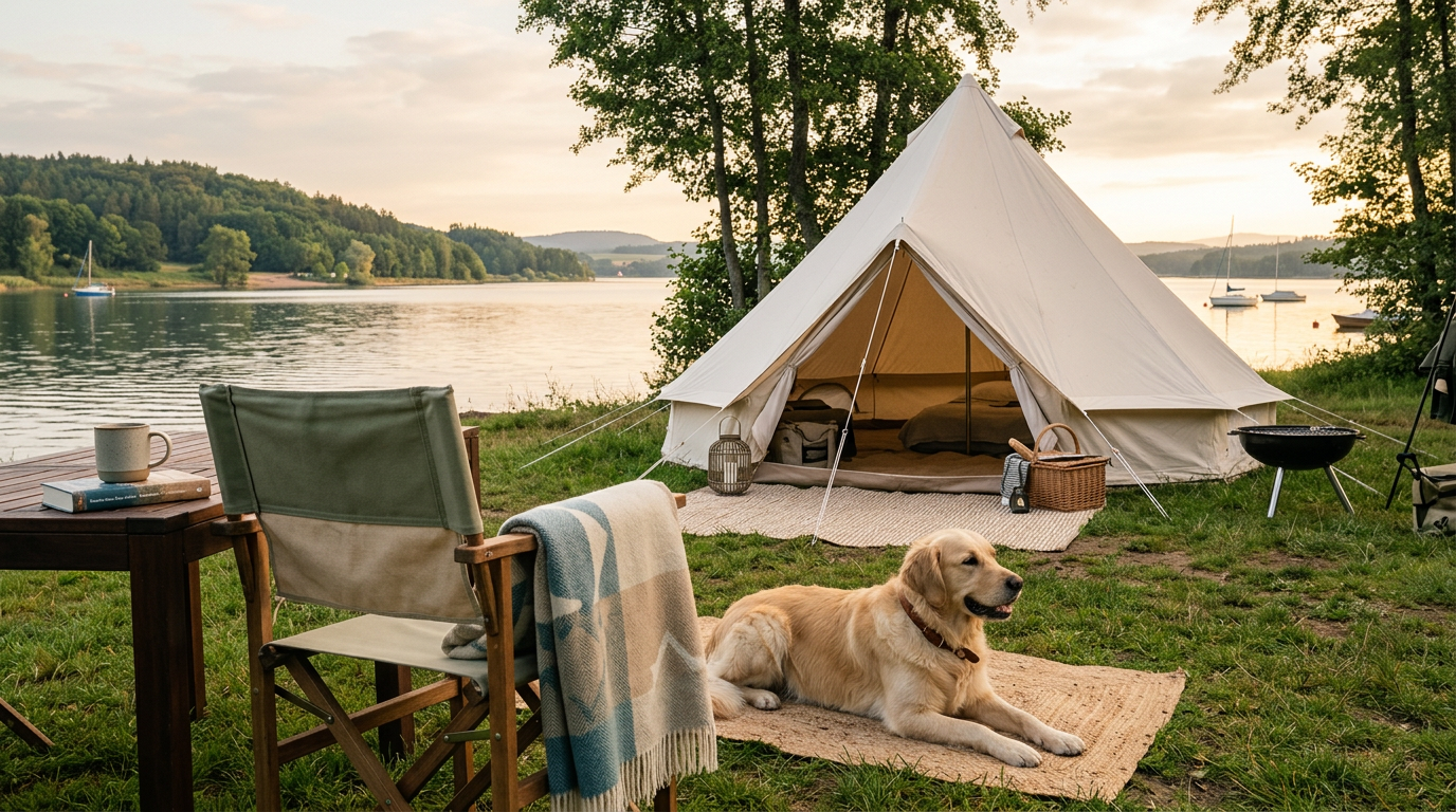Vergleichender Blick auf einen Hundecampingplatz mit Wasser, Wegen und ruhiger Platzstruktur.