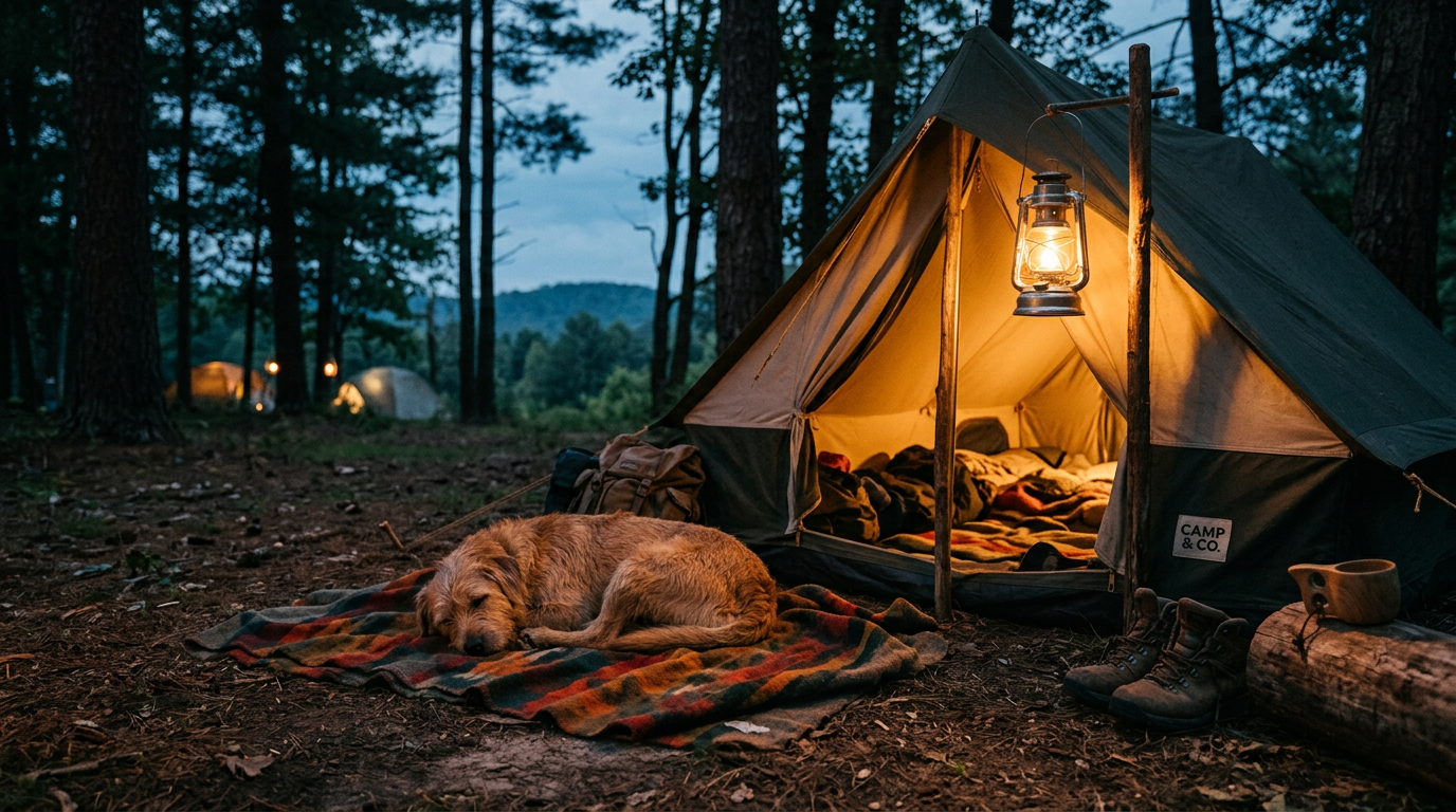 Warme Abendstimmung auf einem ruhigen Campingplatz mit Hund, der sich in eine Decke kuschelt.